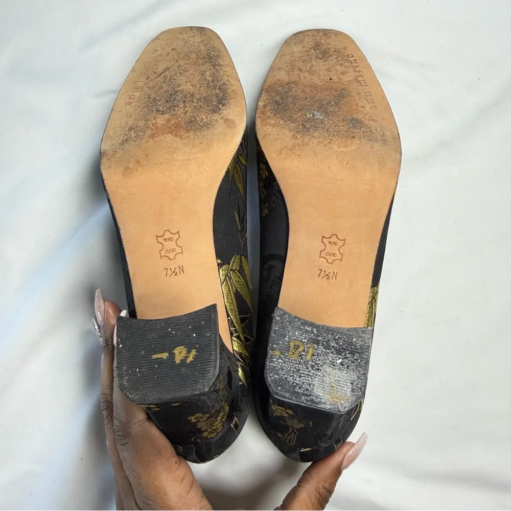 Vintage 90s Ann Marino Heels Brocade‎ Square Toe 7.5 Elegant Black Gold Shoes